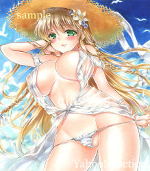 Rule 34 | 1girl, arm up, artist name, at classics, bare arms, blonde hair, blue sky, blush, braid, breasts, cowboy shot, day, dress, covered erect nipples, flower, green eyes, hair flower, hair ornament, hair ribbon, hat, large breasts, long hair, looking at viewer, navel, no bra, open clothes, open dress, original, outdoors, panties, panty pull, pulled by self, ribbon, sample watermark, see-through, side braid, sky, sleeveless, sleeveless dress, smile, solo, strap slip, straw hat, sundress, thick thighs, thighs, traditional media, twin braids, unbuttoned, underwear, very long hair, watermark, white dress, white panties, wrist ribbon
