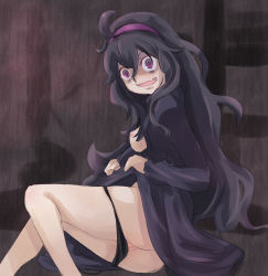 Rule 34 | 10s, 1girl, ahoge, ass, bad id, bad pixiv id, bags under eyes, black panties, breast slip, breasts, cleft of venus, clothes lift, creatures (company), dress, dress lift, fang, game freak, hairband, hex maniac (pokemon), long hair, messy hair, nintendo, nipples, npc trainer, open mouth, pale skin, panties, panty pull, pokemon, pokemon xy, purple eyes, purple hair, pussy, pussy peek, solo, uncensored, underwear, undressing, yuno (mioalice)