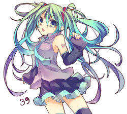 Rule 34 | 1girl, 39, detached sleeves, green eyes, green hair, hatsune miku, kuroi (liar-player), long hair, matching hair/eyes, necktie, open mouth, simple background, skirt, solo, thighhighs, twintails, very long hair, vocaloid, white background