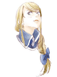 Rule 34 | 06erunium, 1girl, agrias oaks, blonde hair, blue eyes, blush, bow, braid, braided ponytail, final fantasy, final fantasy tactics, hair bow, long hair, nose, parted lips, portrait, sidelocks, simple background, single braid, sketch, solo, white background, wing collar