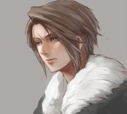 Rule 34 | 1990s (style), 1boy, blue eyes, brown hair, final fantasy, final fantasy viii, fur trim, gradient background, habbitrot, male focus, retro artstyle, scar, simple background, solo, squall leonhart