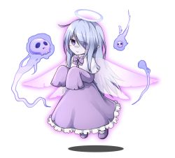 Rule 34 | 1girl, blue hair, blush, bow, bowtie, capelet, dress, eyes visible through hair, fairy wings, flying, full body, hair ornament, halo, long hair, looking at viewer, nogisaka kushio, pointy ears, purple bow, purple bowtie, purple dress, purple eyes, skull, sleeves past wrists, smile, solo, spirit, touhou, transparent background, very long hair, wings, zombie fairy (touhou)