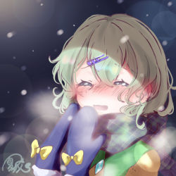 Rule 34 | 1girl, 72mikan 1687, blouse, blue scarf, blush, bow, breath, buttons, closed eyes, commentary request, diamond button, enpera, green scarf, hair between eyes, hair ornament, hairclip, highres, komeiji koishi, light green hair, medium hair, mittens, no headwear, open mouth, scarf, shirt, snowing, solo, touhou, upper body, wavy hair, wavy mouth, winter clothes, yellow bow, yellow shirt