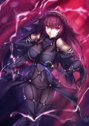 Rule 34 | 1girl, armor, bodysuit, breasts, covered navel, fate/grand order, fate (series), gae bolg (fate), highres, holding, holding weapon, large breasts, long hair, looking at viewer, pauldrons, polearm, purple bodysuit, purple hair, red eyes, scathach (fate), shoulder armor, smile, solo, spear, veil, weapon, yoshida takuma