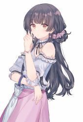 Rule 34 | 1girl, black hair, blouse, bow, bracelet, choker, earrings, grey shirt, hair down, heart, heart bracelet, heart earrings, highres, idolmaster, idolmaster shiny colors, jewelry, long hair, long skirt, looking at viewer, looking to the side, mayuzumi fuyuko, migolu, off-shoulder blouse, pink scrunchie, pink skirt, red hair, scrunchie, shirt, simple background, skirt, solo, standing, tied sleeves, umbrella, umbrella on arm, white background, white shirt