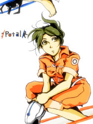 Rule 34 | 1girl, aperture science handheld portal device, bad id, bad pixiv id, barefoot, brown eyes, brown hair, chell, english text, engrish text, feet, jumpsuit, orange jumpsuit, ponytail, portal (series), portal 1, ranguage, solo, valve