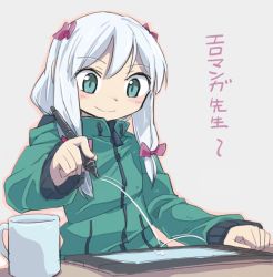 Rule 34 | 1girl, aqua eyes, bow, closed mouth, coffee mug, commentary request, cup, desk, drawing, drawing tablet, eromanga sensei, green jacket, hair bow, holding, holding stylus, izumi sagiri, jacket, jura cambri, long hair, long sleeves, looking down, low-tied long hair, motion lines, mug, pink bow, smile, solo, stylus, tablet pc, translated, white hair, zipper pull tab