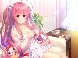 Rule 34 | 1girl, ahoge, bow, breasts, cleavage, copyright request, couch, cup, curtains, day, dress, food, hair bow, heart, heart print, holding, holding cup, hood, hood down, hooded jacket, indoors, jacket, medium breasts, mizukoshi mayu, on couch, one side up, open clothes, open jacket, pink hair, pink jacket, print dress, red bow, red eyes, sitting, solo, sunlight, teacup, teapot, two side up, virtual youtuber, white bow, white dress, wooden floor