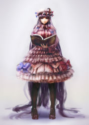 Rule 34 | 1girl, absurdly long hair, bad id, bad pixiv id, black pantyhose, book, bow, capelet, crescent, dress, full body, grimoire, hat, highres, kgkn, long hair, long sleeves, looking at viewer, mob cap, pantyhose, patchouli knowledge, purple dress, purple eyes, purple hair, revision, solo, striped clothes, striped dress, tocope, touhou, very long hair