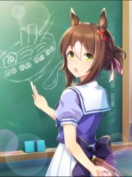 Rule 34 | 1girl, animal ears, arm behind back, board eraser, brown hair, chalk, chalkboard, fine motion (umamusume), folded ponytail, food, green eyes, hair ornament, highres, horse ears, horse girl, horse tail, looking at viewer, looking back, noodles, official art, open mouth, ramen, school uniform, solo, tail, tracen school uniform, umamusume