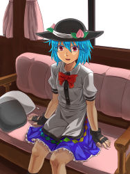 Rule 34 | 1girl, :d, alternate hair length, alternate hairstyle, arm support, black gloves, black hat, blue hair, blue skirt, bow, bowtie, couch, dress shirt, fingerless gloves, food, frilled skirt, frills, fruit, gloves, hat, hinanawi tenshi, leaf, looking at viewer, mimuni362, miniskirt, open mouth, peach, pillow, puffy short sleeves, puffy sleeves, rainbow gradient, rainbow order, red bow, red bowtie, red eyes, shirt, short hair, short sleeves, sitting, skirt, smile, solo, touhou, white shirt