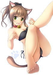 Rule 34 | 1girl, animal ears, bandeau, barefoot, bell, bikini, black bikini, breasts, brown hair, cat ears, cat tail, cleavage, collar, foot focus, foreshortening, green eyes, highres, jingle bell, looking at viewer, lying, medium breasts, neck bell, open mouth, original, paw pose, paw print, ponytail, shibacha, side-tie bikini bottom, simple background, smile, solo, strapless, strapless bikini, swimsuit, tail, thighs, white background