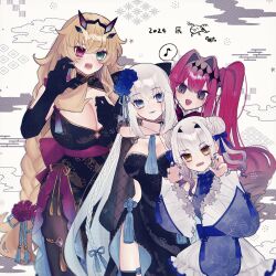 Rule 34 | 2024, 4girls, :d, absurdres, alternate costume, arms around neck, baobhan sith (fate), barghest (fate), black bow, black gloves, blonde hair, blue bow, blue eyeliner, blue eyes, blue lips, blue nails, blue tassel, bow, braid, breasts, chinese clothes, claw pose, cleavage, cloud background, cloud print, commentary request, detached sleeves, double bun, eyeliner, fang, fate/grand order, fate (series), floral print, flower, gloves, gradient hair, green eyes, grey eyes, grey hair, hair bow, hair bun, hair flower, hair intakes, hair ornament, hanfu, heterochromia, highres, long sleeves, looking at another, looking at viewer, makeup, melusine (fate), morgan le fay (fate), multicolored hair, multiple girls, musical note, noa pisces, open mouth, pointy ears, red eyeliner, red eyes, red hair, side ponytail, sidelocks, sideways glance, simple background, skin fang, smile, speech bubble, spoken musical note, tassel, white background, wide sleeves, yellow eyes, yellow tassel