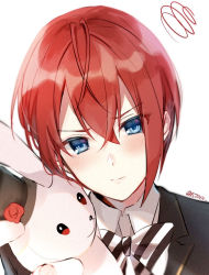 Rule 34 | 1boy, androgynous, black jacket, blue eyes, blush, bow, bowtie, closed mouth, collared shirt, hair between eyes, jacket, looking at viewer, nozawa noko, portrait, red hair, riddle rosehearts, shirt, short hair, simple background, solo, striped bow, striped bowtie, striped clothes, stuffed animal, stuffed rabbit, stuffed toy, trap, twisted wonderland, twitter username, white background, white shirt, wing collar
