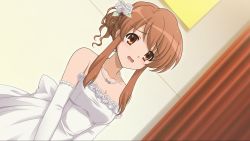 Rule 34 | 10s, 1girl, :d, alternate hairstyle, asahina mikuru, bare shoulders, berry, blush, bow, bride, brown eyes, brown hair, collarbone, curly hair, curtains, dress, dutch angle, elbow gloves, flower, game cg, gloves, hair bun, hair flower, hair ornament, highres, jewelry, leaf, necklace, official art, open mouth, pearl necklace, pendant, rose, sidelocks, single hair bun, smile, solo, strapless, strapless dress, suzumiya haruhi no shoushitsu, suzumiya haruhi no tsuisou, suzumiya haruhi no yuuutsu, wedding dress, white flower, white rose