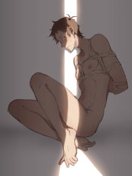 Rule 34 | 1boy, arms behind back, barefoot, bdsm, blue eyes, blush, bondage, bound, brown hair, dark skin, feet, highres, lance (voltron), looking away, male focus, nipples, nude, restrained, rope, shibari, short hair, sitting, solo, sweat, tan, voltron, voltron: legendary defender, voltron (series)