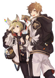 Rule 34 | 1boy, 1girl, a082, animal ears, bag, black gloves, black legwear, black shorts, blonde hair, brown eyes, brown hair, candy, cup, disposable cup, djeeta (granblue fantasy), fake animal ears, food, gloves, gran (granblue fantasy), granblue fantasy, headband, holding, holding cup, jacket, jewelry, lollipop, necklace, selfie stick, shorts, smile, white background
