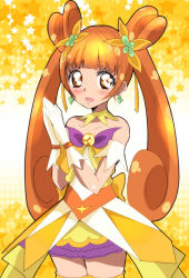 Rule 34 | 1girl, armpits, bare shoulders, blush, boots, choker, color connection, cosplay, crossover, cure rosetta, cure twinkle, cure twinkle (cosplay), dokidoki! precure, double bun, dress, earrings, eyelashes, gloves, go! princess precure, gradient background, hair bun, hair ornament, hair ribbon, happy, haru (nature life), jewelry, looking at viewer, magical girl, matching hair/eyes, open mouth, orange dress, orange eyes, orange hair, orange thighhighs, polka dot, polka dot background, precure, ribbon, smile, solo, standing, star (symbol), star earrings, thigh boots, thighhighs, twintails, white gloves, wrist cuffs, yotsuba alice