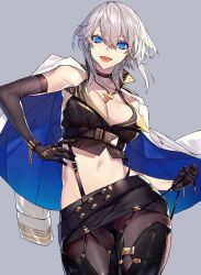 Rule 34 | 1girl, azur lane, belt, blue eyes, bracelet, breasts, chain, cleavage, elbow gloves, gloves, grey background, groin, hair between eyes, highres, hoe-l, jacket, jacket on shoulders, jewelry, large breasts, looking at viewer, midriff, mole, mole on breast, navel, necklace, open mouth, pantyhose, pantyhose under shorts, popped collar, rosary, short hair, shorts, silver hair, skirt, smile, solo, suspenders, washington (azur lane)