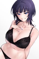 Rule 34 | 1girl, :d, absurdres, arm behind back, asaka karin, bare arms, bare shoulders, black bra, black panties, blue eyes, blue nails, blunt bangs, blush, bra, breasts, cleavage, collarbone, grin, hand on own chest, highres, large breasts, looking at viewer, love live!, love live! nijigasaki high school idol club, mole, mole on collarbone, nail polish, nasuno (nasuno42), open mouth, panties, purple hair, short hair, simple background, skindentation, smile, solo, teeth, underwear, underwear only, upper body, white background