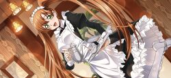 Rule 34 | 1girl, apron, artist request, black dress, blurry, blush, bokeh, breasts, code geass, code geass: lost stories, cork, cup, depth of field, dress, dutch angle, female focus, frilled apron, frilled dress, frilled sleeves, frills, game cg, glint, green eyes, hair between eyes, happy, highres, holding, holding teapot, holding tray, indoors, jar, juliet sleeves, leg up, long dress, long hair, long sleeves, looking at viewer, maid, maid apron, maid headdress, medium breasts, non-web source, official art, open mouth, orange hair, pantyhose, picture frame, pouring, puffy sleeves, saucer, shirley fenette, shoes, sidelocks, smile, solo, spoon, standing, standing on one leg, steam, sugar (food), teacup, teapot, teeth, tray, twintails, very long hair, white apron, white footwear, white pantyhose