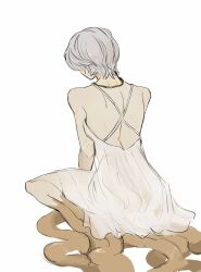Rule 34 | 1boy, absurdres, back, crossdressing, dark souls (series), dark sun gwyndolin, dress, from behind, highres, jewelry, male focus, male with breasts, necklace, short hair, sitting, solo, trap, white dress, white hair, zunkome
