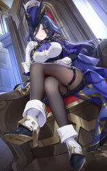 Rule 34 | 1girl, absurdres, black pantyhose, blue hair, blue hat, blush, boots, breasts, chinese commentary, clorinde (genshin impact), closed mouth, commentary request, crossed legs, full body, genshin impact, gloves, hair between eyes, hat, high heel boots, high heels, highres, large breasts, looking at viewer, pantyhose, purple eyes, sitting, smile, solo, thighs, white footwear, white gloves, wu ganlan cai