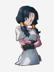Rule 34 | 1girl, :o, black hair, blue eyes, breasts, commentary request, dragon ball, dragonball z, fingerless gloves, gloves, grey background, kemachiku, long shirt, looking at viewer, medium breasts, shirt, short sleeves, simple background, solo, twintails, upper body, videl, white shirt
