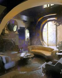 Rule 34 | arch, chair, coffee table, couch, faux traditional media, fireplace, highres, indoors, mirror, no humans, original, painterly, scenery, sunlight, table, window, yuming li