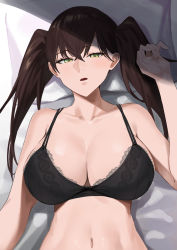 Rule 34 | 1girl, absurdres, black bra, black hair, blush, bra, breasts, cleavage, collarbone, crossed bangs, green eyes, highres, large breasts, long hair, looking at viewer, lying, mitsukichi, navel, on back, original, parted lips, pillow, solo, twintails, underwear, upper body