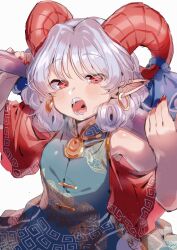 Rule 34 | 1girl, blue bow, bow, capelet, curly hair, dress, ear bow, earrings, gold trim, green dress, grey hair, hands up, highres, holding, holding weapon, horns, jewelry, light particles, looking at viewer, masanaga (tsukasa), open mouth, red capelet, red eyes, red horns, red nails, sharp teeth, sheep horns, short hair, sleeveless, sleeveless dress, solo, standing, teeth, tongue, touhou, toutetsu yuuma, upper body, weapon, white background