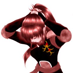 Rule 34 | 1girl, adjusting hair, alternate hair color, bad id, bad pixiv id, brown hair, closed eyes, hairdressing, inuyasha, long hair, ponytail, red hair, sango (inuyasha), simple background, solo, tying hair, vantkayo, white background