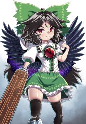 Rule 34 | 1girl, absurdres, arm cannon, bird wings, black hair, black thighhighs, black wings, blush, bow, breasts, buttons, cape, closed mouth, collared shirt, commentary request, control rod, doku yanagi, feet out of frame, frilled shirt, frilled skirt, frills, green bow, green skirt, hair bow, highres, long hair, looking at viewer, puffy short sleeves, puffy sleeves, red eyes, reiuji utsuho, shiny skin, shirt, short sleeves, skindentation, skirt, small breasts, smile, solo, starry sky print, thighhighs, third eye, touhou, very long hair, weapon, white cape, white shirt, wings, zettai ryouiki