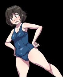 Rule 34 | 1girl, blush, breasts, brown eyes, brown hair, character request, female focus, kei (bekei), medium breasts, open mouth, plump, short hair, simple background, solo, source request, standing, swimsuit, tagme