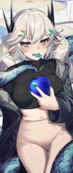 Rule 34 | 1girl, absurdres, apple, black jacket, black shirt, blue apple, blue nails, blue tongue, blush, breasts, colored tongue, cowboy shot, crop top, earrings, fingernails, food, forked tongue, fruit, green eyes, grey hair, highres, holding, holding food, holding fruit, horns, jacket, jewelry, leggings, long fingernails, long hair, long sleeves, looking at viewer, medium breasts, midriff, multicolored eyes, nail polish, navel, open clothes, open jacket, open mouth, original, pointy ears, scales, sharp fingernails, shirt, solo, tail, taut clothes, taut shirt, thigh gap, tongue, tongue out, wakamepiza