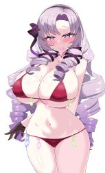 Rule 34 | 1girl, absurdres, artist request, bikini, blush, breasts, cleavage, condom, condom in mouth, cum, drill hair, gloves, highres, hyakumantenbara salome, long hair, looking at viewer, mouth hold, nijisanji, purple eyes, purple hair, red bikini, simple background, solo, swimsuit, unanagusa (nhws7332), used condom, virtual youtuber, white background
