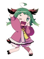 Rule 34 | 1girl, ahoge, animal ears, arm up, bloomers, chibi, dog ears, dog tail, dress, full body, green eyes, green hair, hand up, highres, kasodani kyouko, long sleeves, namauni, one eye closed, open mouth, pink dress, short eyebrows, short hair, simple background, smile, solo, tail, touhou, underwear, white background, white bloomers