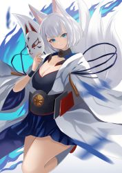 Rule 34 | 1girl, animal ears, azur lane, blue eyes, blunt bangs, blush, breasts, cleavage, fox ears, fox tail, highres, japanese clothes, kaga (azur lane), kimono, large breasts, long hair, looking at viewer, manjirou (manji illust), mask, multiple girls, multiple tails, short hair, simple background, skirt, smile, tail, white background, wide sleeves