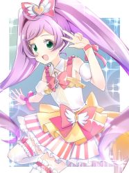 Rule 34 | 1girl, :d, armband, bow, collar, commentary, detached collar, dress, frilled dress, frilled thighhighs, frills, green eyes, hair ornament, heart, heart hair ornament, highres, long hair, looking at viewer, magical girl, manaka laala, multicolored clothes, multicolored dress, open mouth, outside border, pink bow, pink ribbon, pleated dress, pretty series, pripara, purple hair, ribbon, sleeveless, sleeveless dress, smile, solo, sparkle, standing, standing on one leg, thighhighs, toon (noin), treble clef, very long hair, w, white collar, white thighhighs, wing collar, wrist ribbon