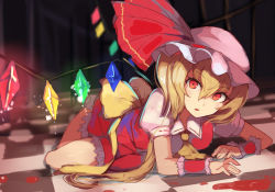 Rule 34 | 1girl, ascot, blonde hair, blood, checkered floor, colorized, crystal, flandre scarlet, hat, hat ribbon, long hair, lying, mob cap, nakaichi (ridil), on floor, open mouth, puffy sleeves, red eyes, ribbon, sash, shirt, short sleeves, side ponytail, sketch, skirt, skirt set, solo, touhou, vest, wings, wrist cuffs