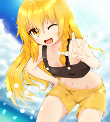 Rule 34 | 1girl, :d, ;d, alternate costume, blonde hair, braid, chiroshiron, groin, hand on own hip, kirisame marisa, leaning forward, midriff, navel, one eye closed, open mouth, shorts, side braid, smile, solo, touhou, v, wink, yellow eyes