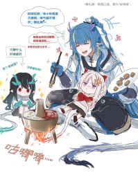 Rule 34 | 3girls, :d, :t, ^ ^, absurdres, aged down, arknights, black hair, blue hair, boots, chopsticks, closed eyes, commentary request, crossed arms, dusk (arknights), highres, holding, holding chopsticks, holding plate, horns, indian style, jacket, ling (arknights), long hair, multiple girls, nian (arknights), open mouth, plate, purple eyes, red eyes, simple background, sitting, smile, speech bubble, very long hair, white background, white footwear, white hair, white jacket, zuo daoxing