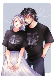 Rule 34 | 1boy, 1girl, alternate costume, babigonice, black hair, braid, clive rosfield, closed eyes, couple, facial hair, final fantasy, final fantasy xvi, grey hair, highres, jewelry, jill warrick, leaning on person, long hair, matching outfits, ring, scar, scar on face, shirt, short hair, simple background, smile, t-shirt, uniqlo, wedding ring