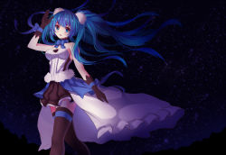 Rule 34 | 1girl, 7th dragon (series), 7th dragon 2020, bare arms, bare shoulders, blue eyes, blue hair, brown gloves, brown thighhighs, gloves, hair ornament, hatsune miku, long hair, matching hair/eyes, meng xiao jiong, night, overskirt, ribbon, shirt, skirt, sky, solo, star (sky), starry sky, thighhighs, twintails, very long hair, vocaloid, wrist ribbon, zettai ryouiki