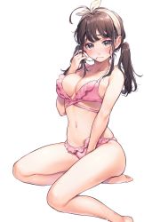 Rule 34 | 1girl, absurdres, ahoge, arm between legs, bikini, blush, breasts, brown hair, cleavage, closed mouth, embarrassed, grey eyes, hair in own mouth, hairband, hand up, highres, long hair, looking at viewer, medium breasts, navel, original, pink bikini, simple background, sitting, solo, swimsuit, twintails, wantan meo, wariza, white background