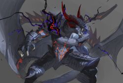 Rule 34 | absurdres, black sclera, chinese commentary, claws, colored sclera, dragon, feet out of frame, grey background, grey scales, grey wings, hand up, highres, horns, leviair, looking at viewer, monster, multiple horns, no humans, open mouth, original, red eyes, red horns, scales, sharp teeth, solo, standing, tail, teeth, tusks, umbrakinesis, unfinished, very long tail, wings