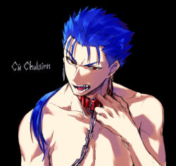 Rule 34 | 1boy, angry, black background, blue hair, chain, collar, collarbone, cu chulainn (fate), cu chulainn (fate/stay night), earrings, fangs, fate/stay night, fate (series), jewelry, long hair, looking at viewer, male focus, namo, open mouth, ponytail, red eyes, simple background, solo, topless male, type-moon