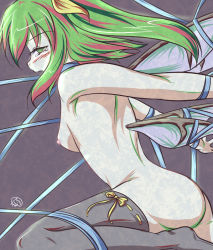 Rule 34 | 1girl, bdsm, black thighhighs, bondage, bound, breasts, daiyousei, embodiment of scarlet devil, female focus, frogtie, green eyes, green hair, matching hair/eyes, merri, multicolored hair, nipples, nude, ponytail, ribbon, ribbon bondage, side ponytail, small breasts, solo, tears, thighhighs, touhou, wings
