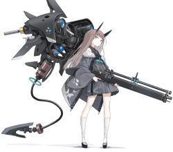 Rule 34 | 1girl, black footwear, blue eyes, blush, brown hair, closed mouth, dress, drone, floating, full body, fur-trimmed jacket, fur trim, grey dress, grey jacket, gun, highres, holding, holding gun, holding weapon, horns, jacket, kneehighs, legs apart, long hair, long sleeves, looking at viewer, off shoulder, open clothes, open jacket, original, pleated dress, poco (asahi age), rifle, scope, shadow, shoes, short dress, sidelocks, simple background, sniper rifle, socks, solo, standing, straight hair, weapon, white background, white socks, wide sleeves