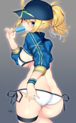 Rule 34 | 1girl, ahoge, artoria pendragon (fate), ass, back, baseball cap, bikini, blonde hair, blue eyes, blue hat, blush, breasts, butt crack, eating, fate/grand order, fate (series), food, grey background, hair between eyes, hat, highres, hip focus, large breasts, long hair, looking at viewer, looking back, messy hair, mysterious heroine x (fate), mysterious heroine xx (fate), nebusoku, ponytail, popsicle, shrug (clothing), side-tie bikini bottom, signature, solo, swimsuit, thigh strap, thighs, white bikini, wristband